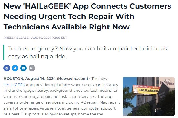New 'HAILaGEEK' App Connects Customers Needing Urgent Tech Repair With Technicians Available Right Now